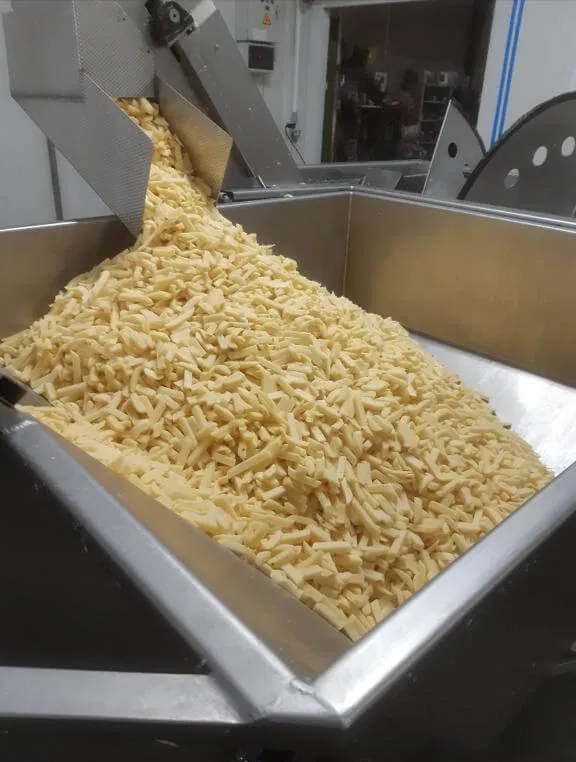 Frites fraîches dans la trémie avant emballage